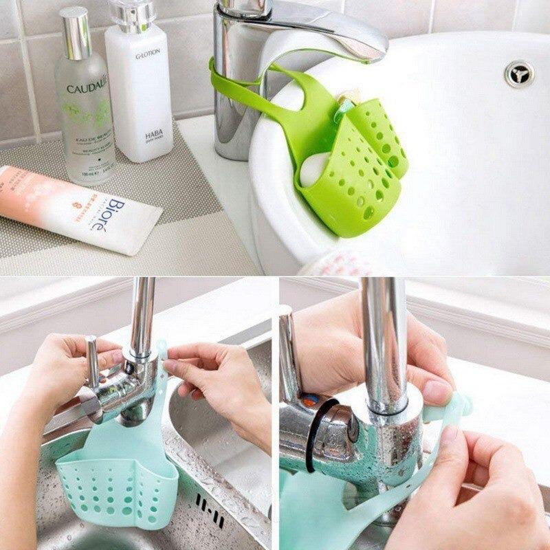 Adjustable Kitchen Bathroom Water Drainage Plastic Basketbag With Faucet Sink Caddy