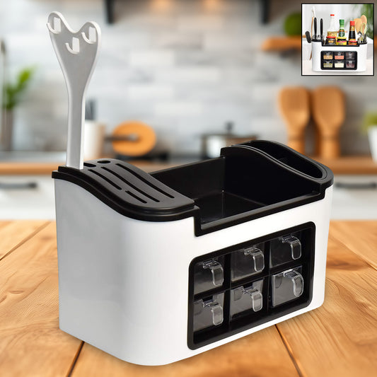 Multifunctional Kitchen Storage Organizer Rack With 6 Spice Containers Knife Spoon Holder And Top Shelf