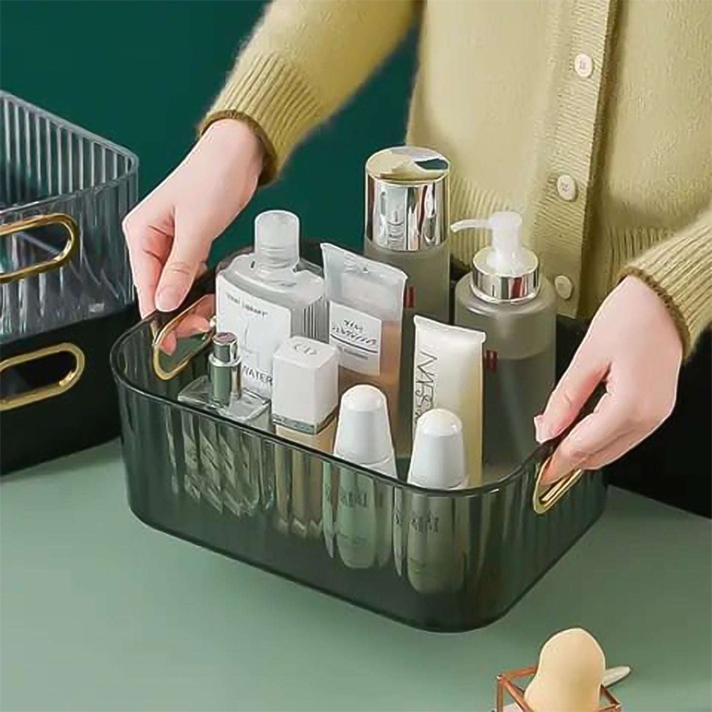 Ribbed Transparent Storage Basket with Gold Handle (1 Pc)