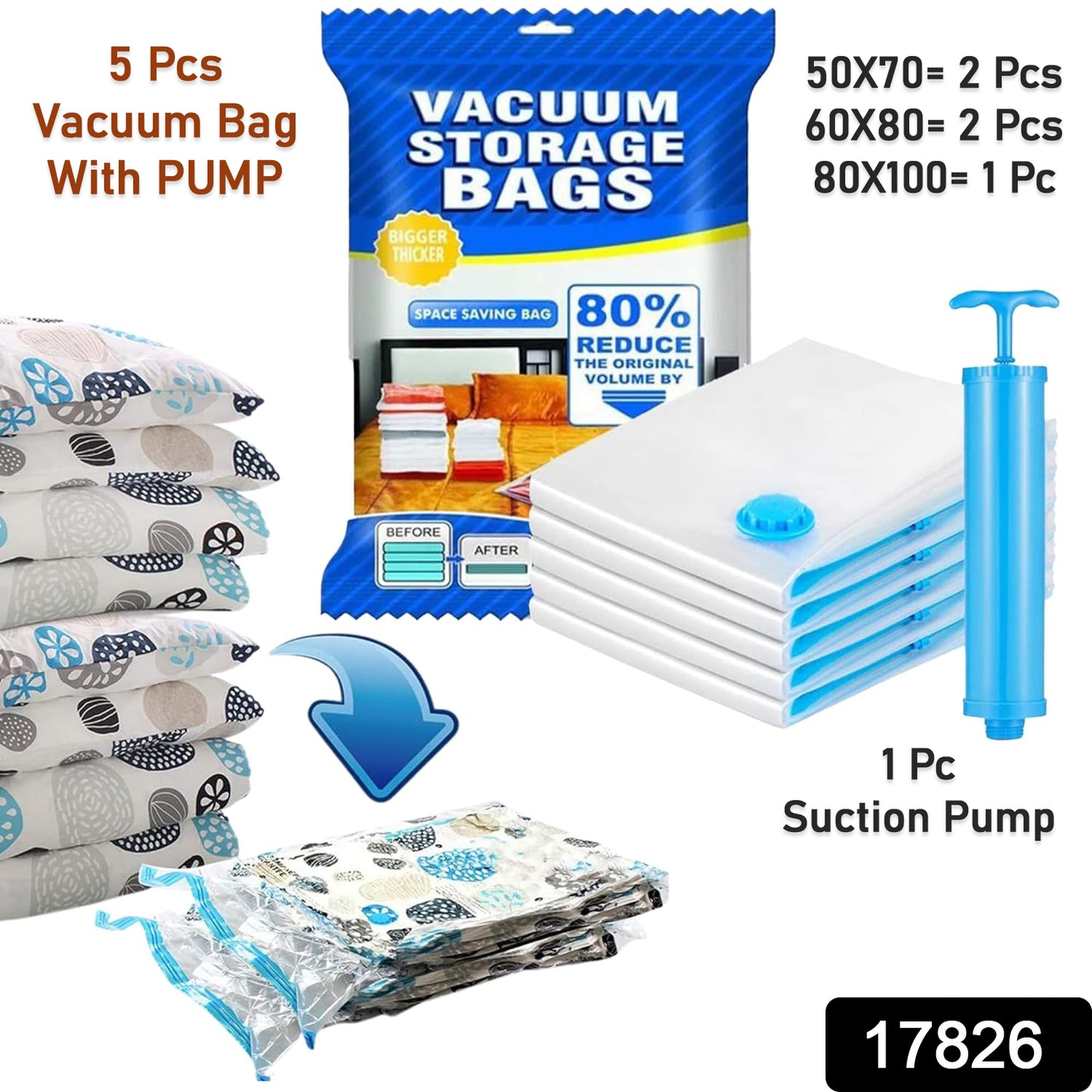 Vacuum Storage Bags with Pump – Space Saver for Clothes & Blankets (5 Pc Set)