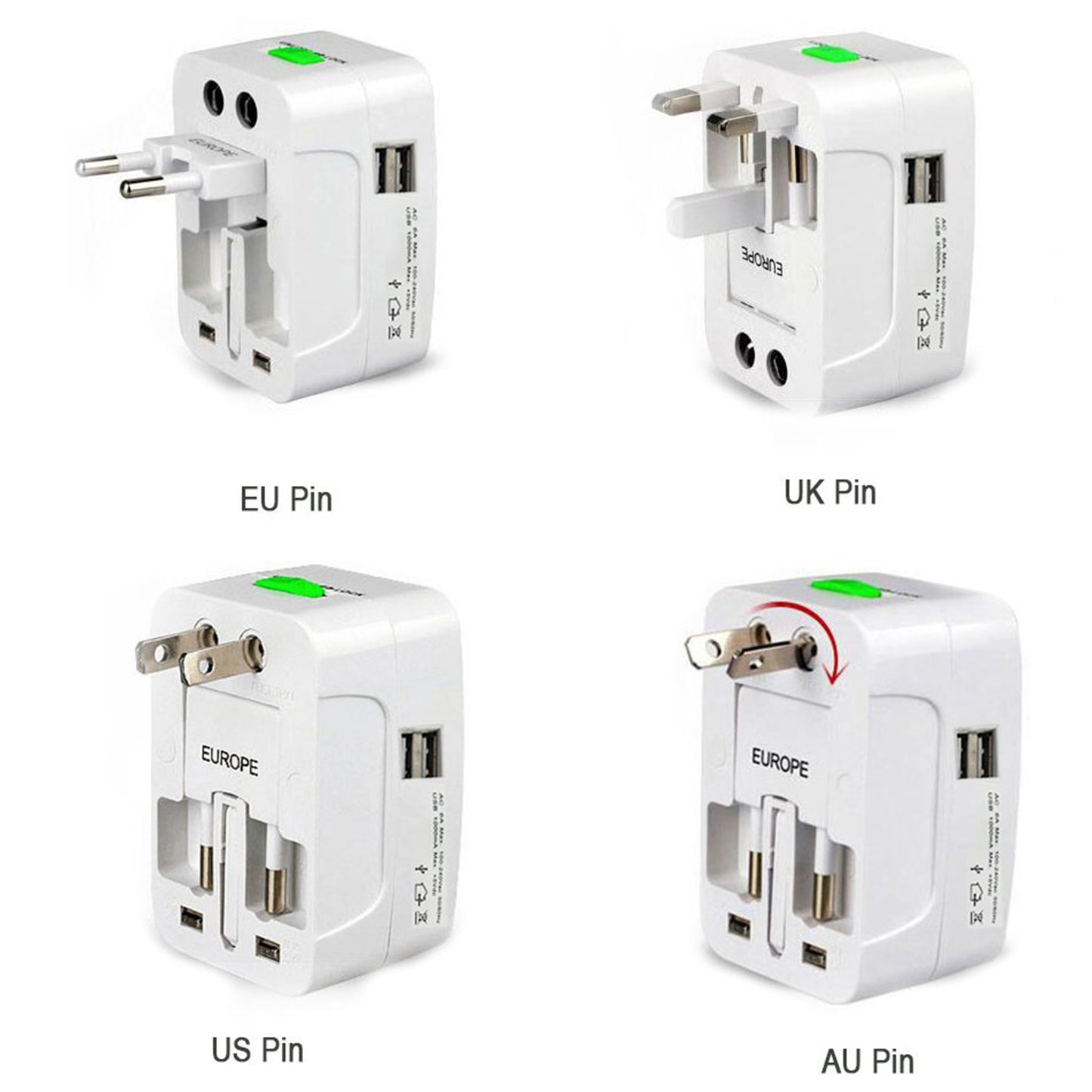 All-in-One Universal Travel Adapter – AU, UK, US, EU Plug with USB (1 Pc)