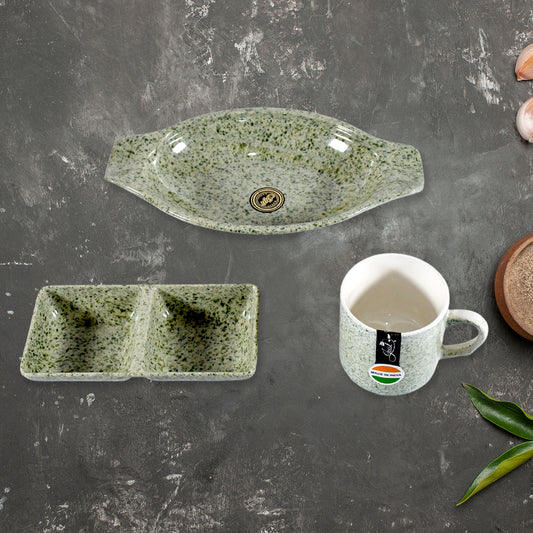 Ceramic Tea Cup Set with Snack Tray & Chutney Bowl (6 Pieces)