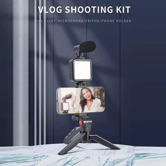 Vlogging Kit – Mini Tripod, Mic, LED Light & Phone Holder (1 Pc)