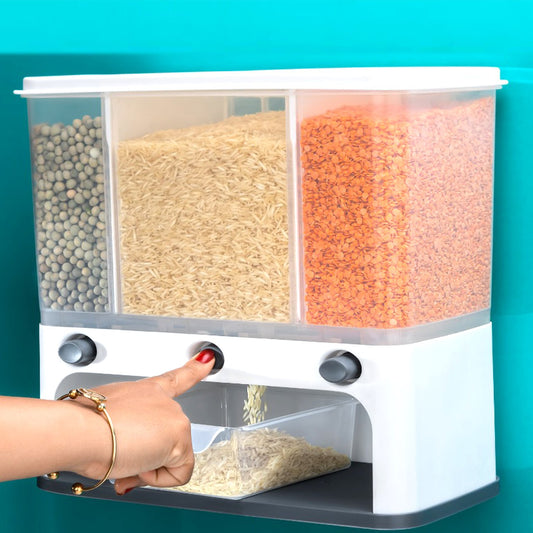 Easy Flow Cereal Dispenser For Kitchen 3 In 1 Push Button Wall Mount Container