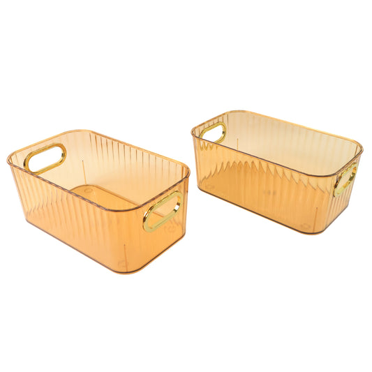 Ribbed Transparent Storage Basket with Gold Handle (2 Pc, 25x14cm)