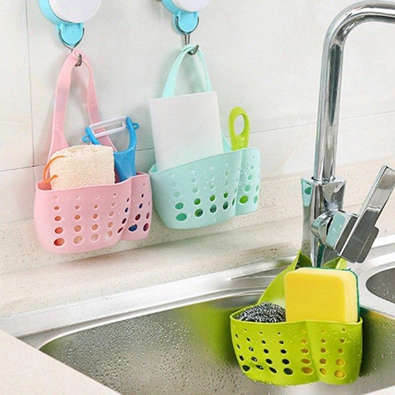 Adjustable Kitchen Bathroom Water Drainage Plastic Basketbag With Faucet Sink Caddy
