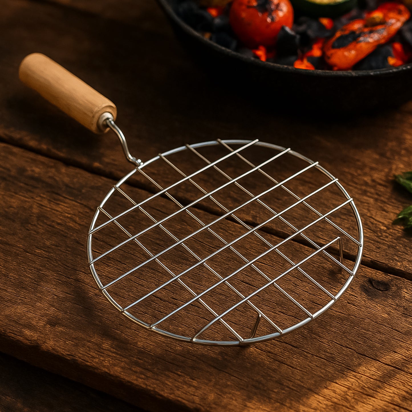 Kitchen Round Stainless Steel Roaster Papad Jali Barbecue Grill With Wooden Handle