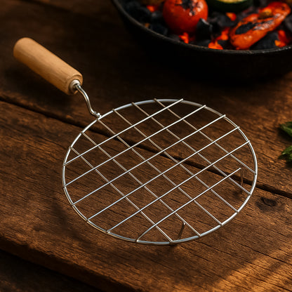 Kitchen Round Stainless Steel Roaster Papad Jali Barbecue Grill With Wooden Handle