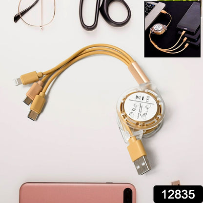 3-in-1 Retractable Charging Cable – Type-C, Micro USB, iOS Compatible (1 Pc)