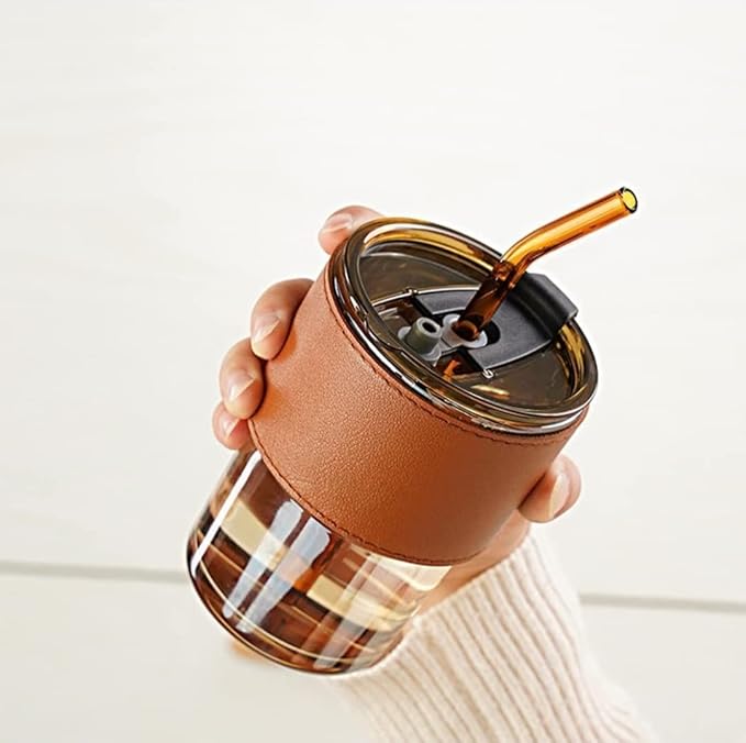 Leather Sleeve Glass/Mug with Straw