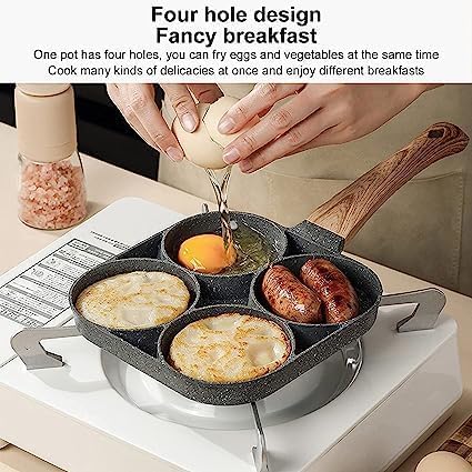 4 Hole Non Stick Egg Frying pan with Detachable Wooden Handle