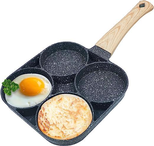 4 Hole Non Stick Egg Frying pan with Detachable Wooden Handle