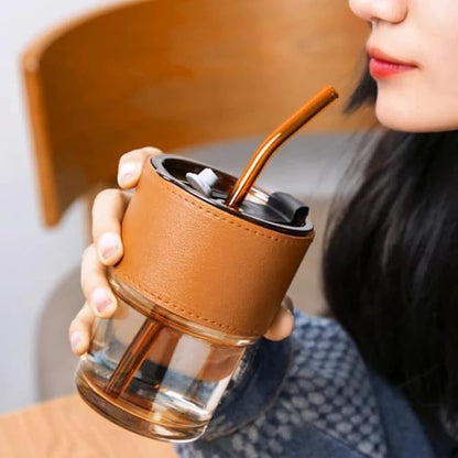 Leather Sleeve Glass/Mug with Straw