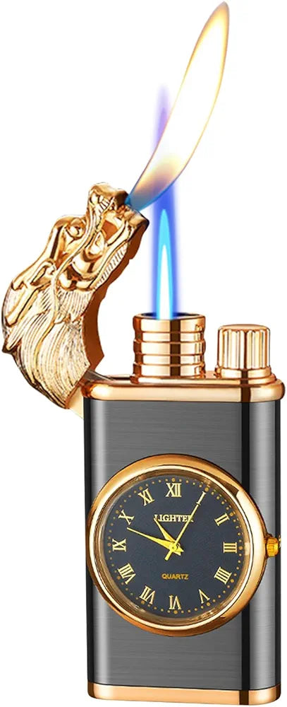 Windproof Lighter, Vintage Lighter with Watch, Magic Dual Flame Dragon Lighter