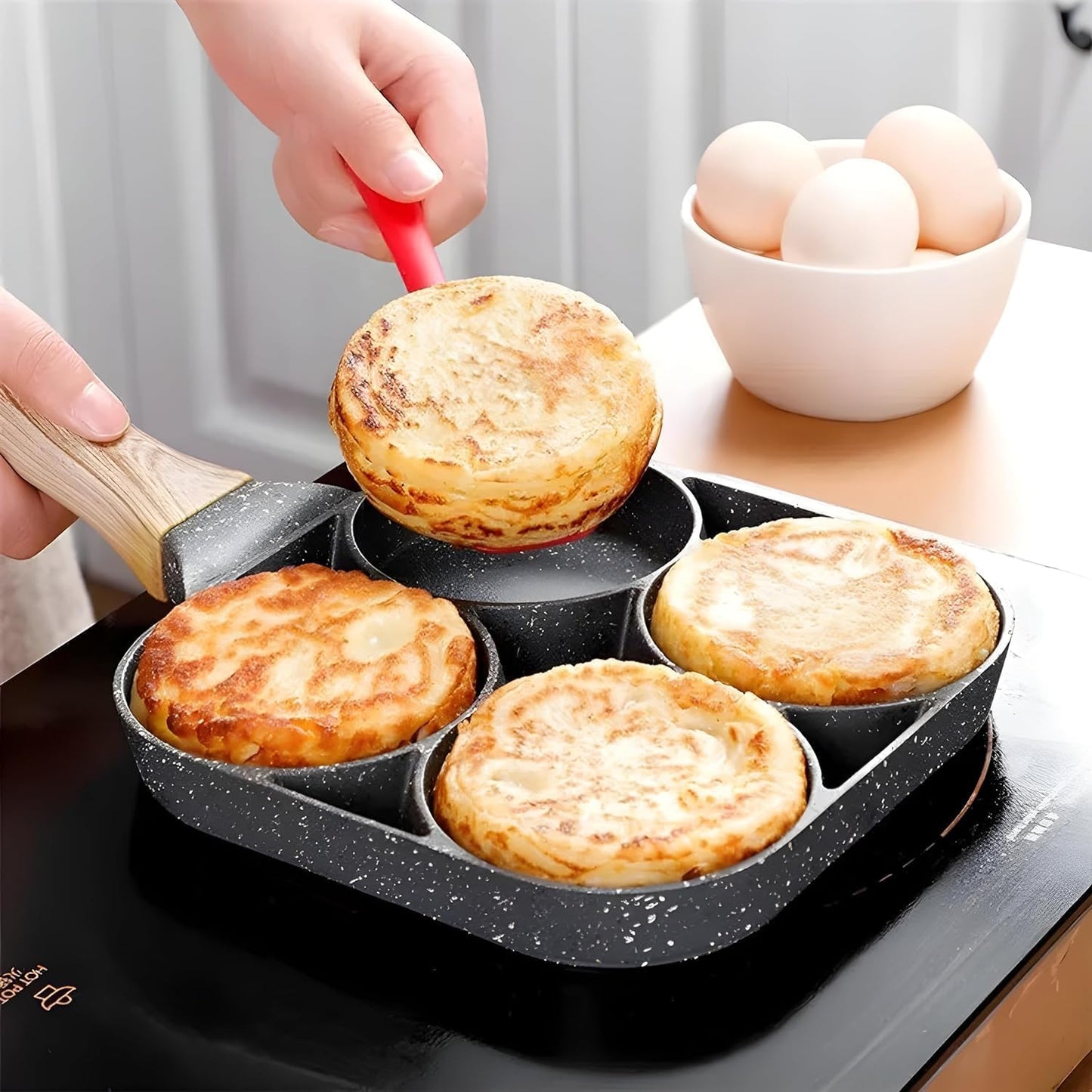 4 Hole Non Stick Egg Frying pan with Detachable Wooden Handle