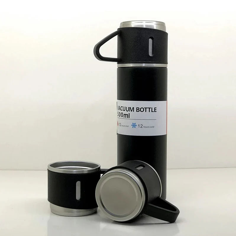 Stainless Steel Vacuum Flask Set with 3 Steel Cups (500ml)