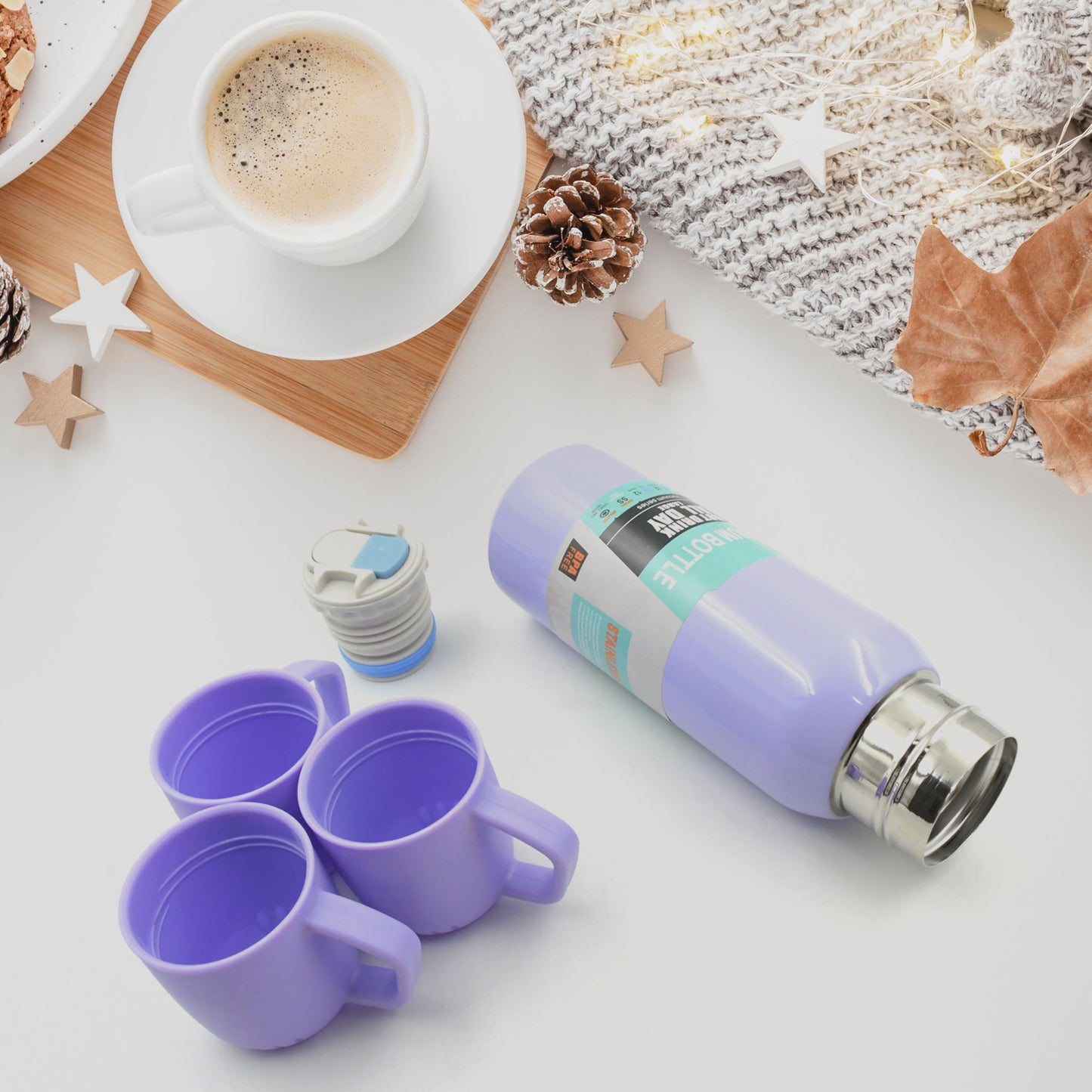 Stainless Steel Vacuum Flask Set – 500ml Thermos with 3 Cups & Handle (1 Set)