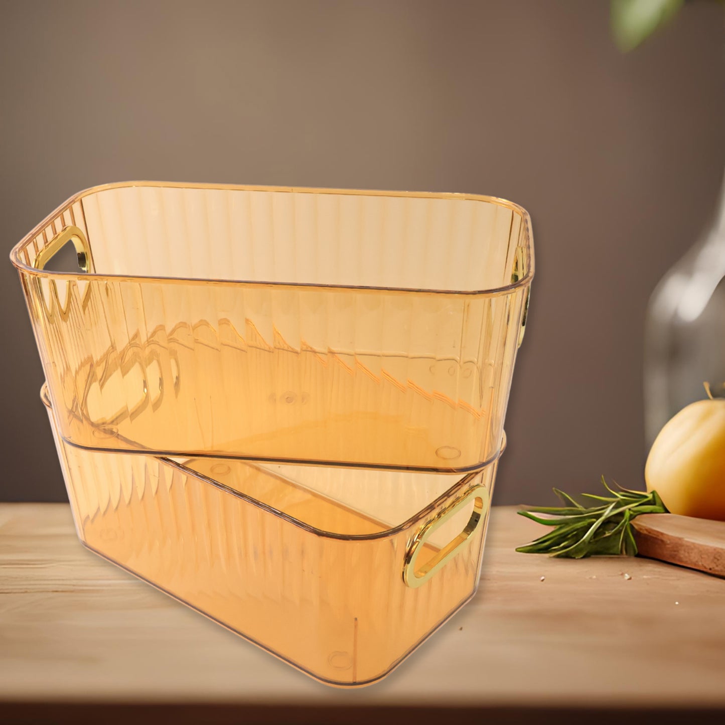 Ribbed Transparent Storage Basket with Gold Handle (2 Pc, 25x14cm)