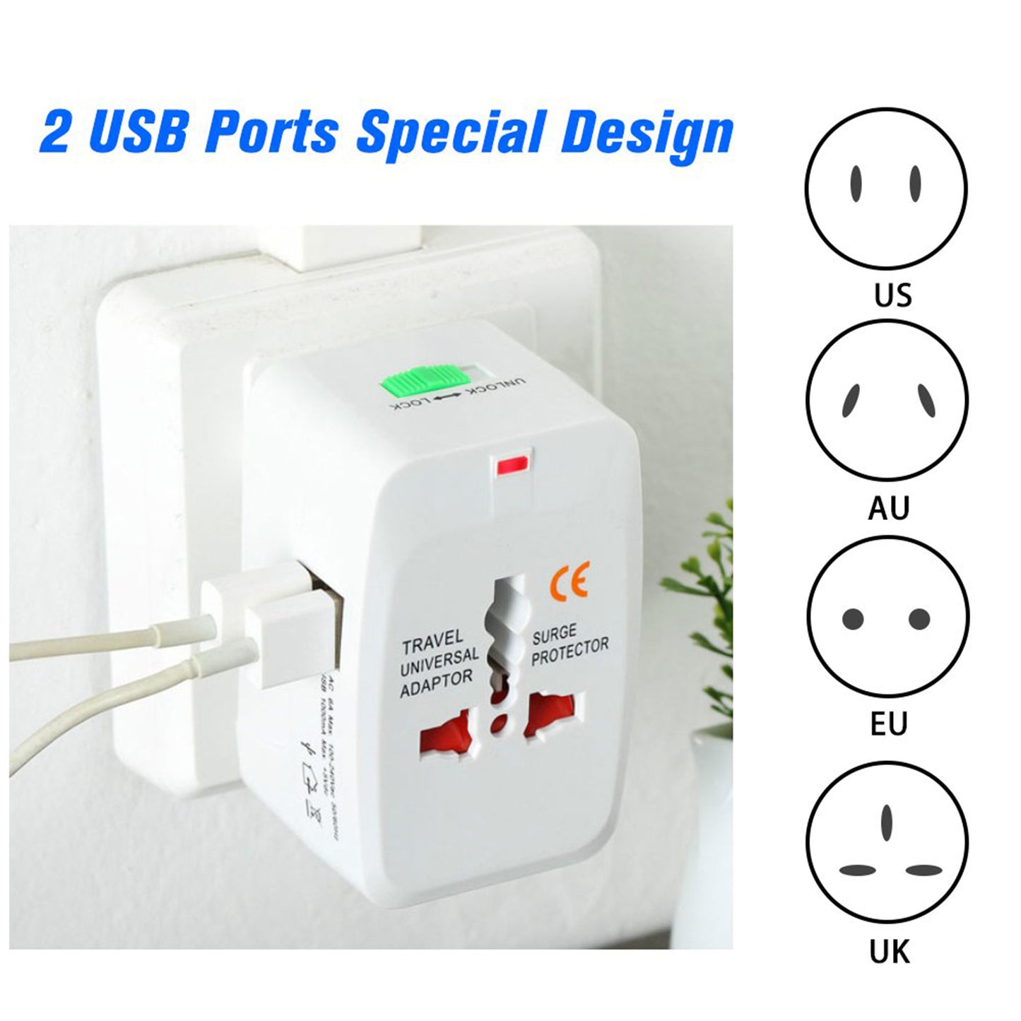 All-in-One Universal Travel Adapter – AU, UK, US, EU Plug with USB (1 Pc)