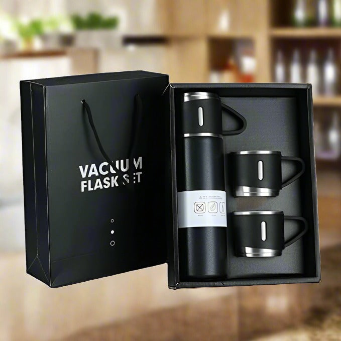 Stainless Steel Vacuum Flask Set – 500ml with 3 Cups, Travel Friendly (1 Set)