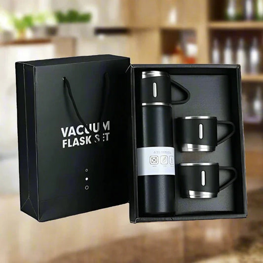 Stainless Steel Vacuum Flask Set with 3 Steel Cups (500ml)