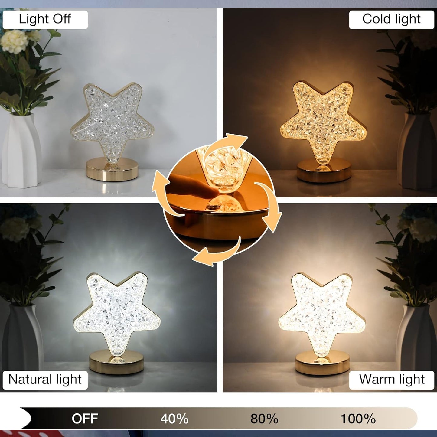 Star Crystal Diamond Touch Lamp – USB Rechargeable, 3-Way Dimmable (1 Pc)