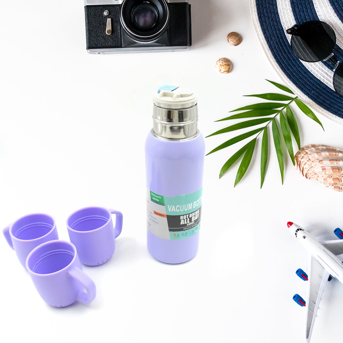 Stainless Steel Vacuum Flask Set – 500ml Thermos with 3 Cups & Handle (1 Set)