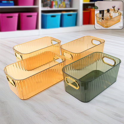 Ribbed Transparent Storage Basket with Gold Handle (4 Pc, 25x14cm)