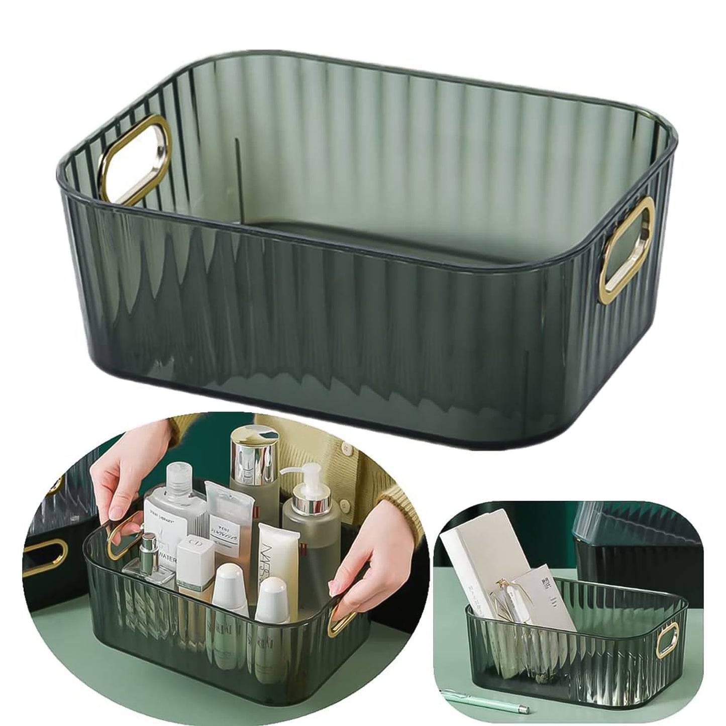 Ribbed Transparent Storage Basket with Gold Handle (1 Pc)