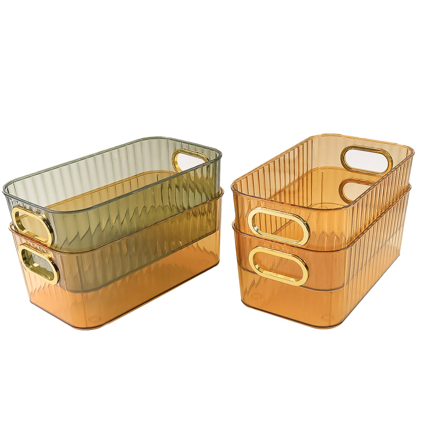 Ribbed Transparent Storage Basket with Gold Handle (4 Pc, 25x14cm)