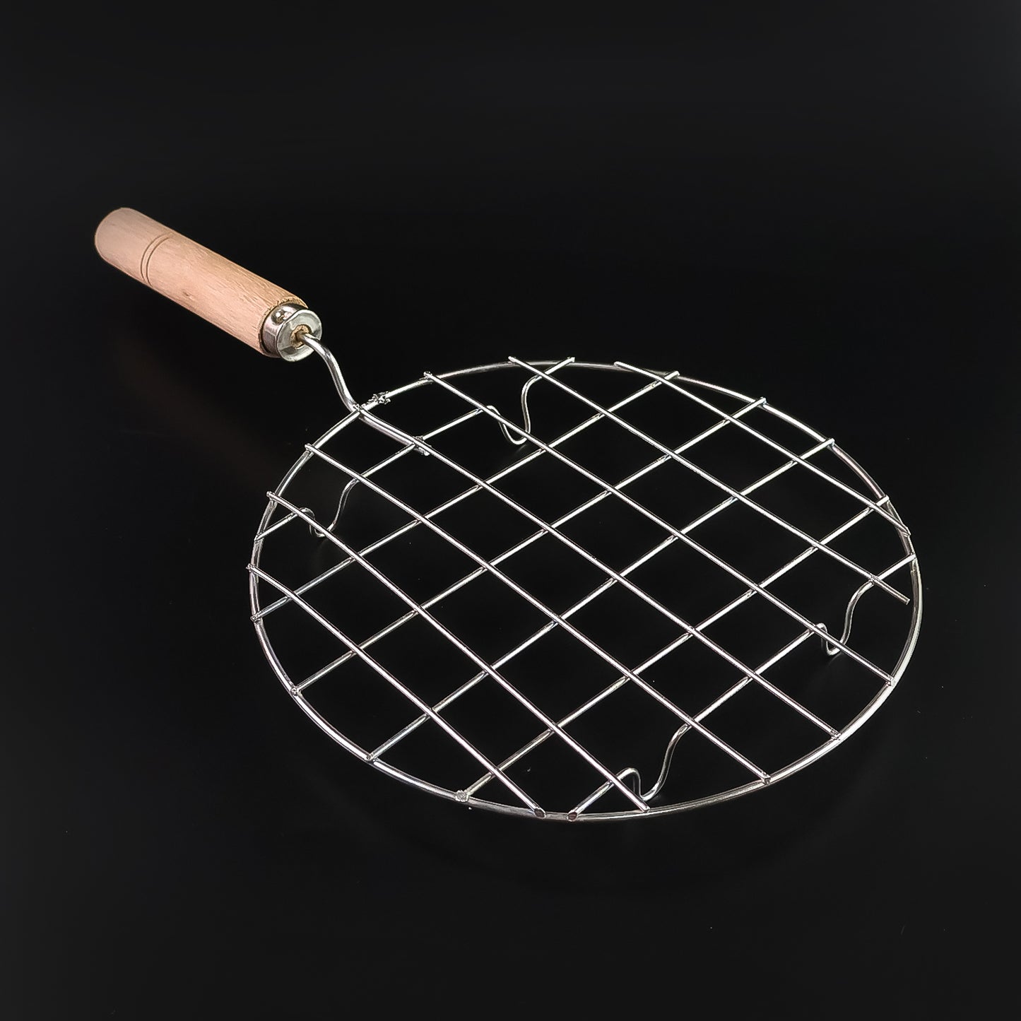 Kitchen Round Stainless Steel Roaster Papad Jali Barbecue Grill With Wooden Handle