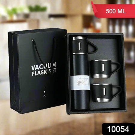 Stainless Steel Vacuum Flask Set – 500ml with 3 Cups, Travel Friendly (1 Set)