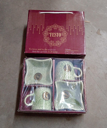 Festo Ceramic Mug & Snack Bowl Set – Tea, Coffee, Milk Cups (4 Pc Set)