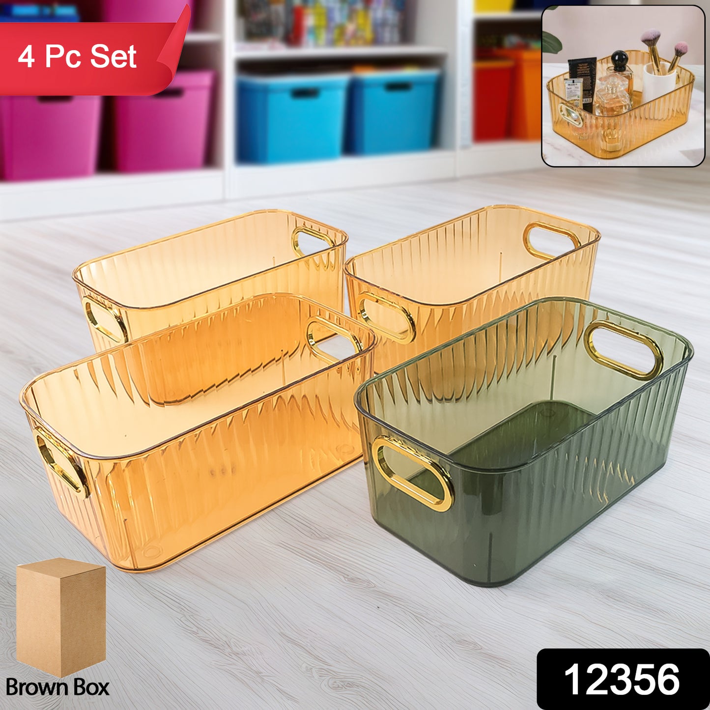 Ribbed Transparent Storage Basket with Gold Handle (4 Pc, 25x14cm)