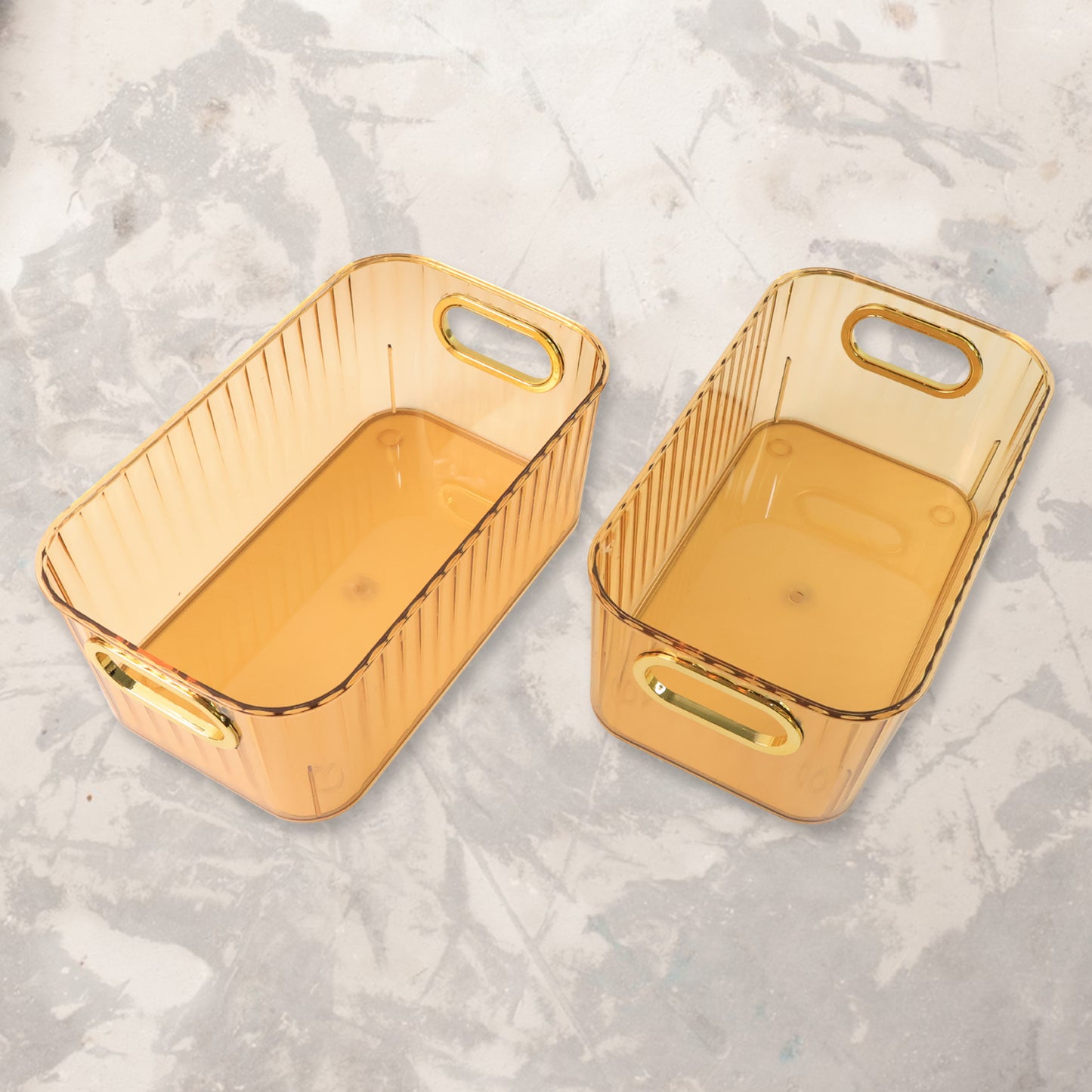 Ribbed Transparent Storage Basket with Gold Handle (2 Pc, 25x14cm)