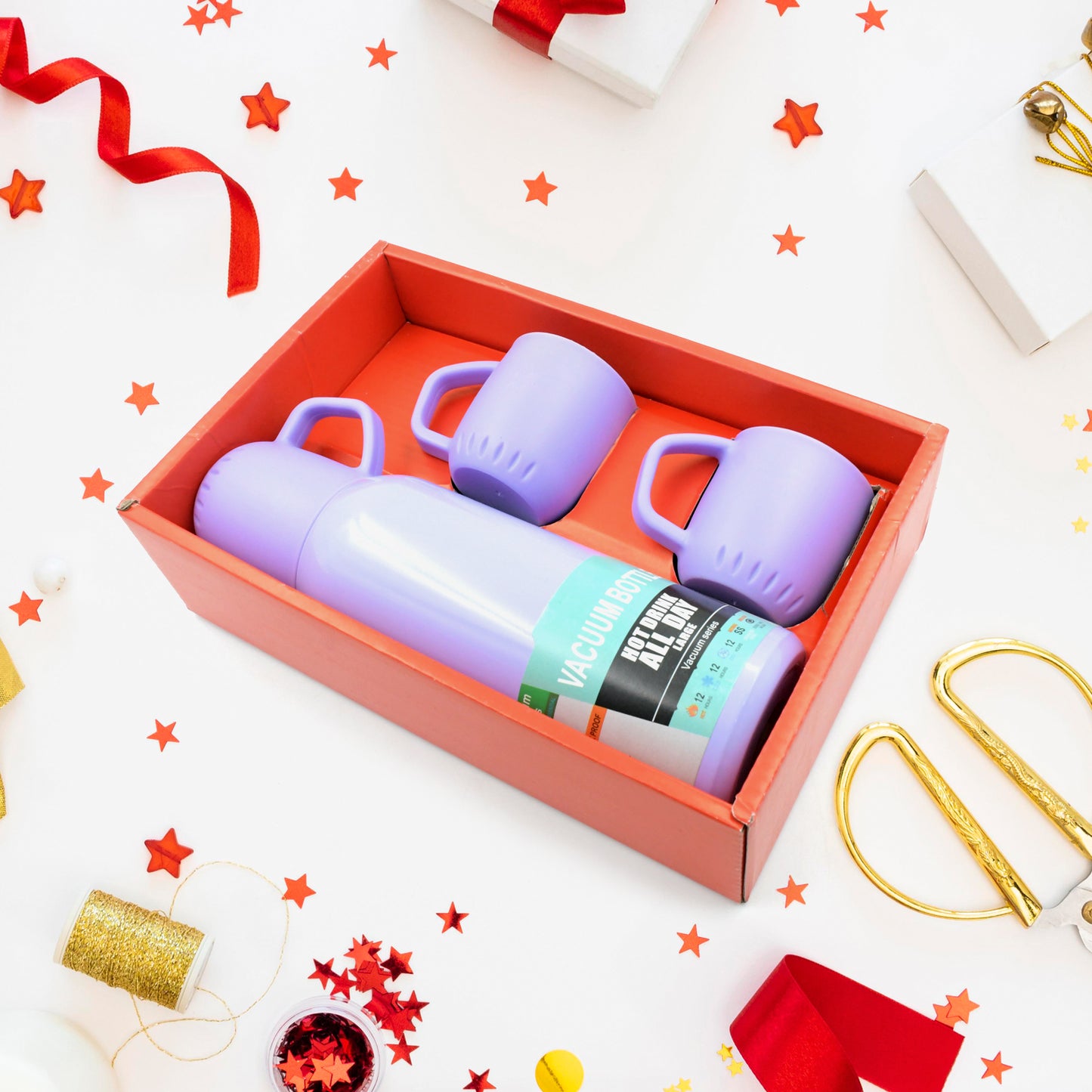 Stainless Steel Vacuum Flask Set – 500ml Thermos with 3 Cups & Handle (1 Set)