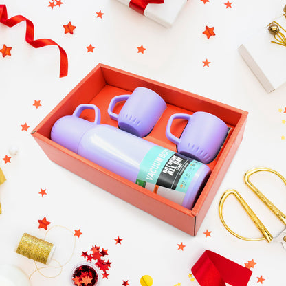 Stainless Steel Vacuum Flask Set – 500ml Thermos with 3 Cups & Handle (1 Set)