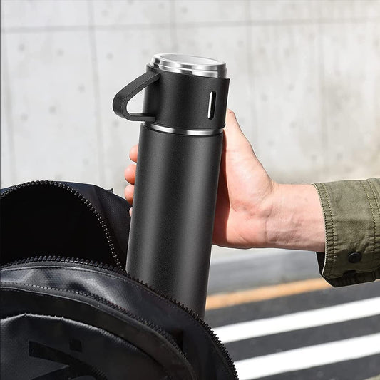 Stainless Steel Vacuum Flask Set – 500ml with 3 Cups, Travel Friendly (1 Set)