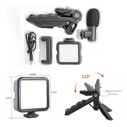 Vlogging Kit – Mini Tripod, Mic, LED Light & Phone Holder (1 Pc)