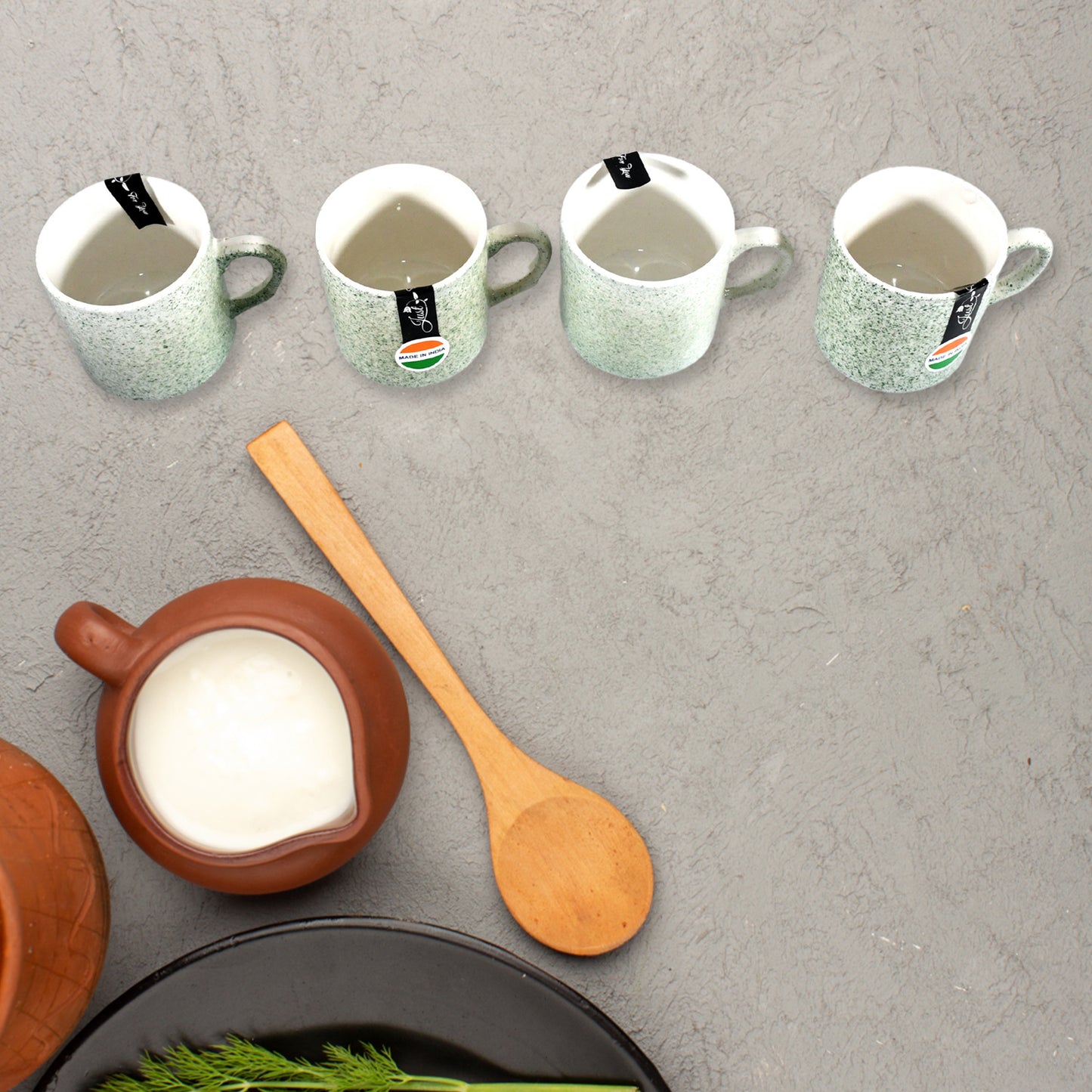 Ceramic Tea Cup Set with Snack Tray & Chutney Bowl (6 Pieces)