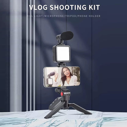 Vlogging Kit – Mini Tripod, Mic, LED Light & Phone Holder (1 Pc)