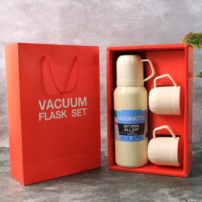 White Vacuum Flask Set  Stainless Steel Thermos With 3 Cups Approx 500ml