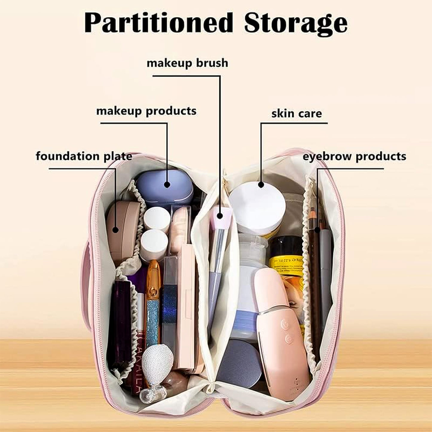 Premium Peach Travel Makeup Toiletry Organizer Pouch With Zipper  Handle (1 Pc)