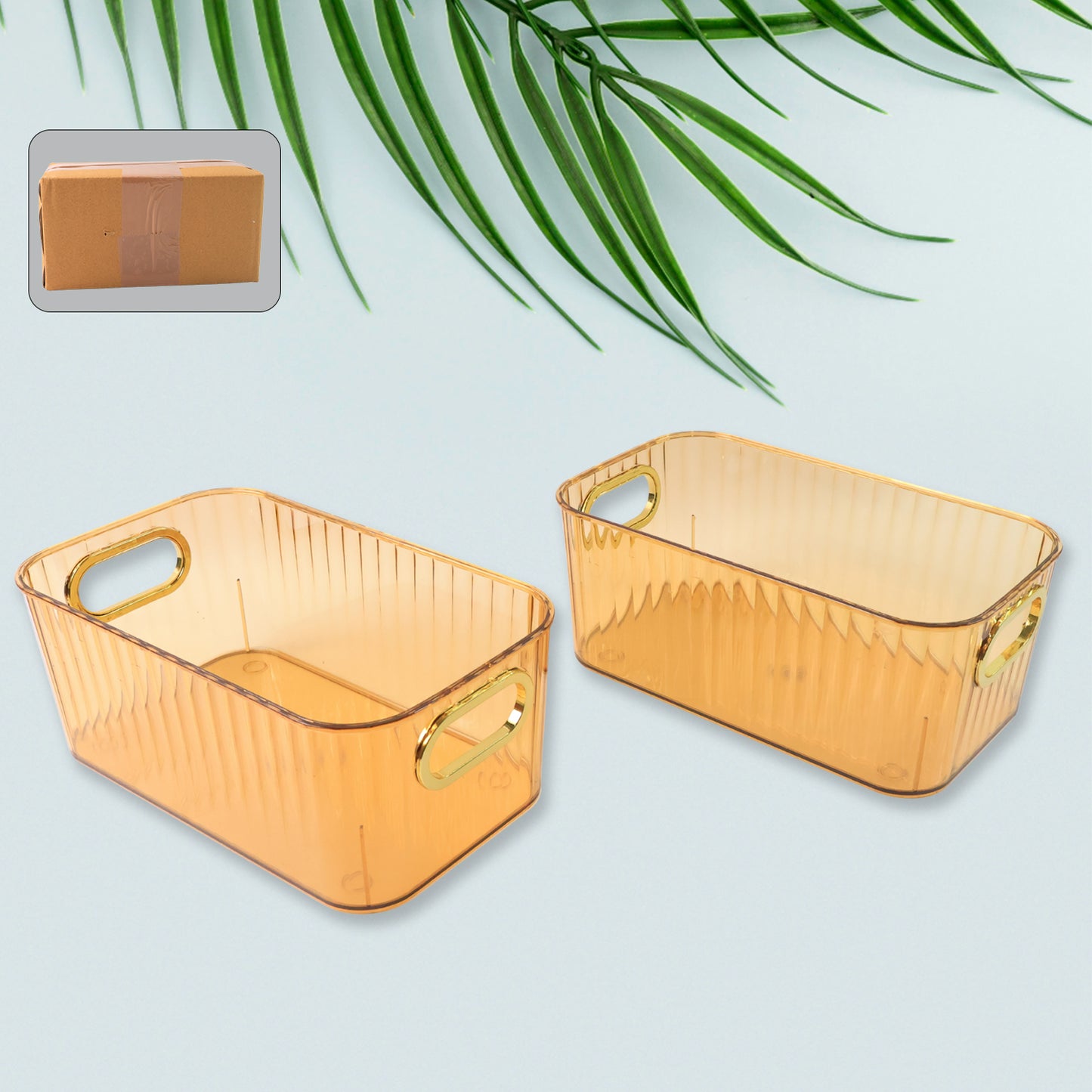 Ribbed Transparent Storage Basket with Gold Handle (2 Pc, 25x14cm)