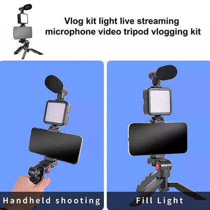 Vlogging Kit – Mini Tripod, Mic, LED Light & Phone Holder (1 Pc)