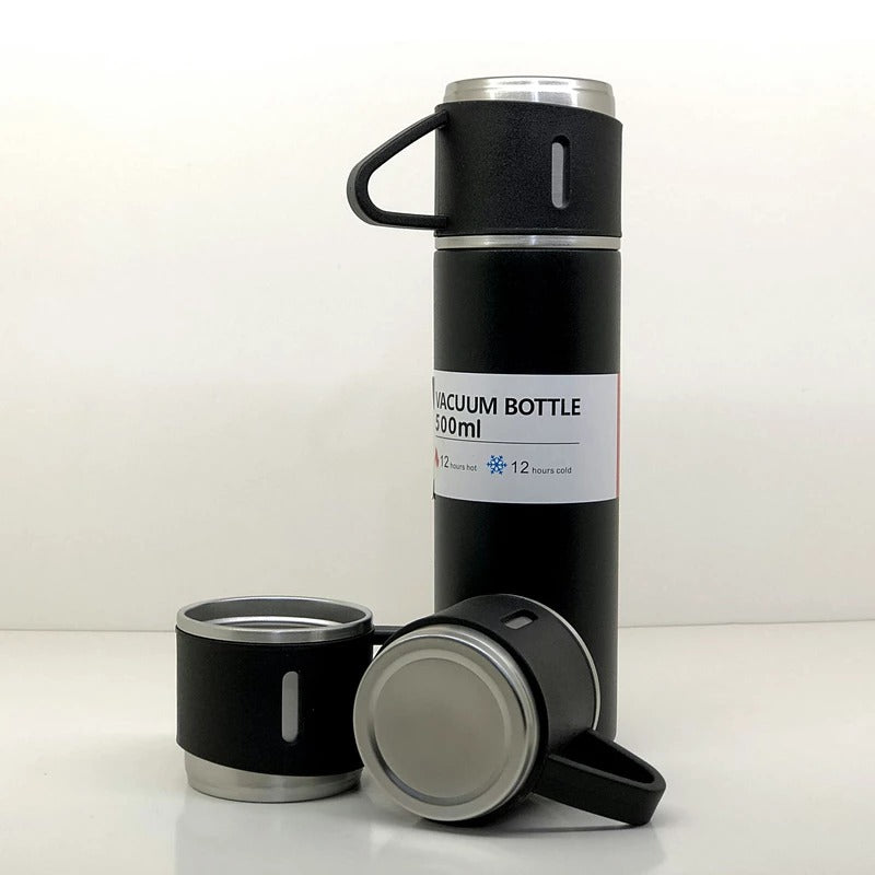 Stainless Steel Vacuum Flask Set – 500ml with 3 Cups, Travel Friendly (1 Set)
