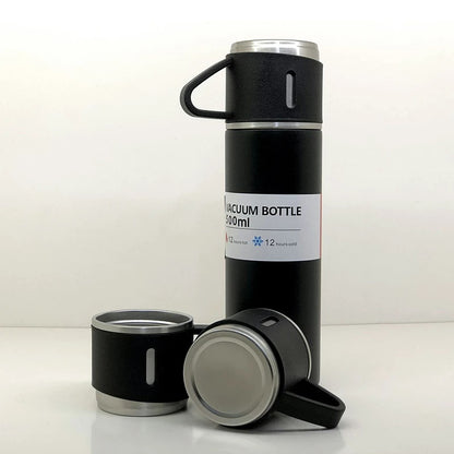 Stainless Steel Vacuum Flask Set – 500ml with 3 Cups, Travel Friendly (1 Set)