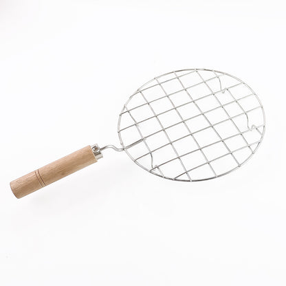 Kitchen Round Stainless Steel Roaster Papad Jali Barbecue Grill With Wooden Handle