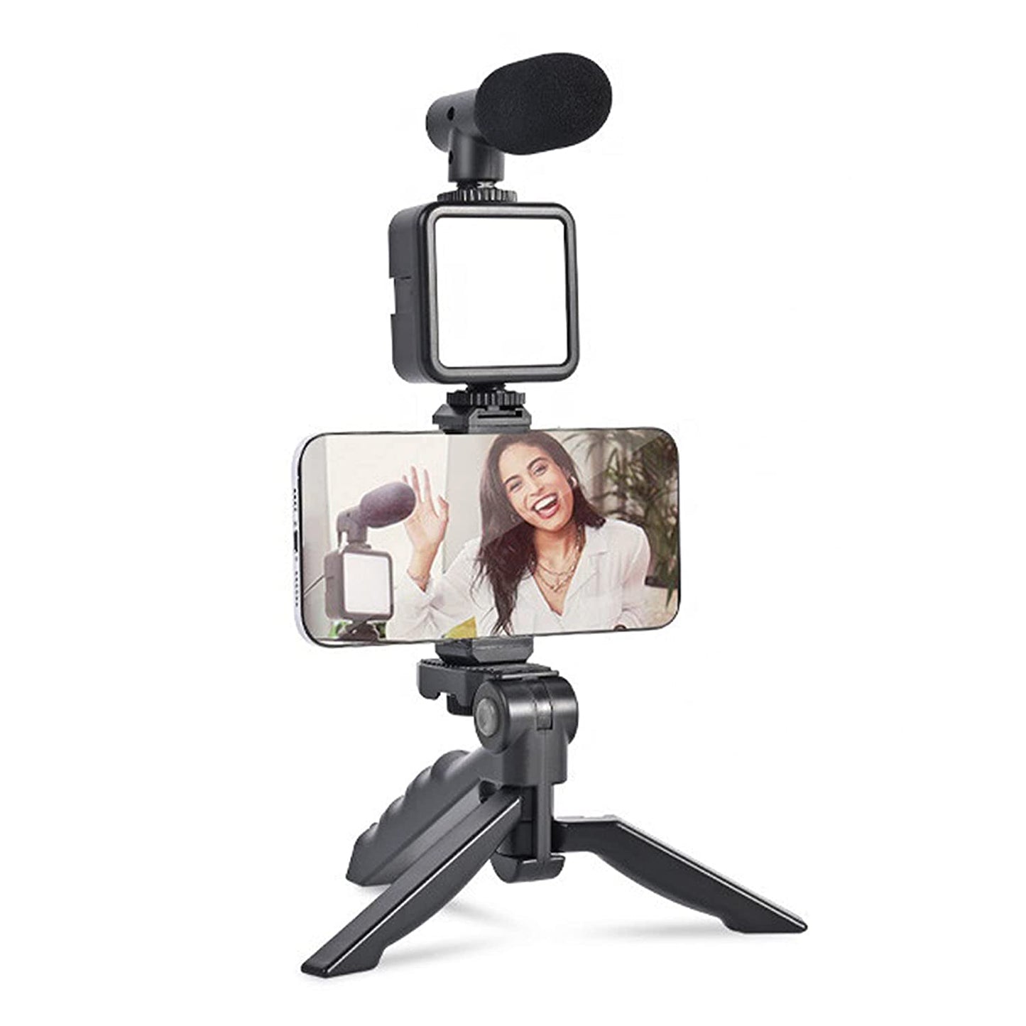 Vlogging Kit – Mini Tripod, Mic, LED Light & Phone Holder (1 Pc)