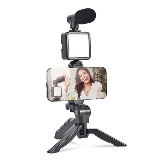 Vlogging Kit – Mini Tripod, Mic, LED Light & Phone Holder (1 Pc)